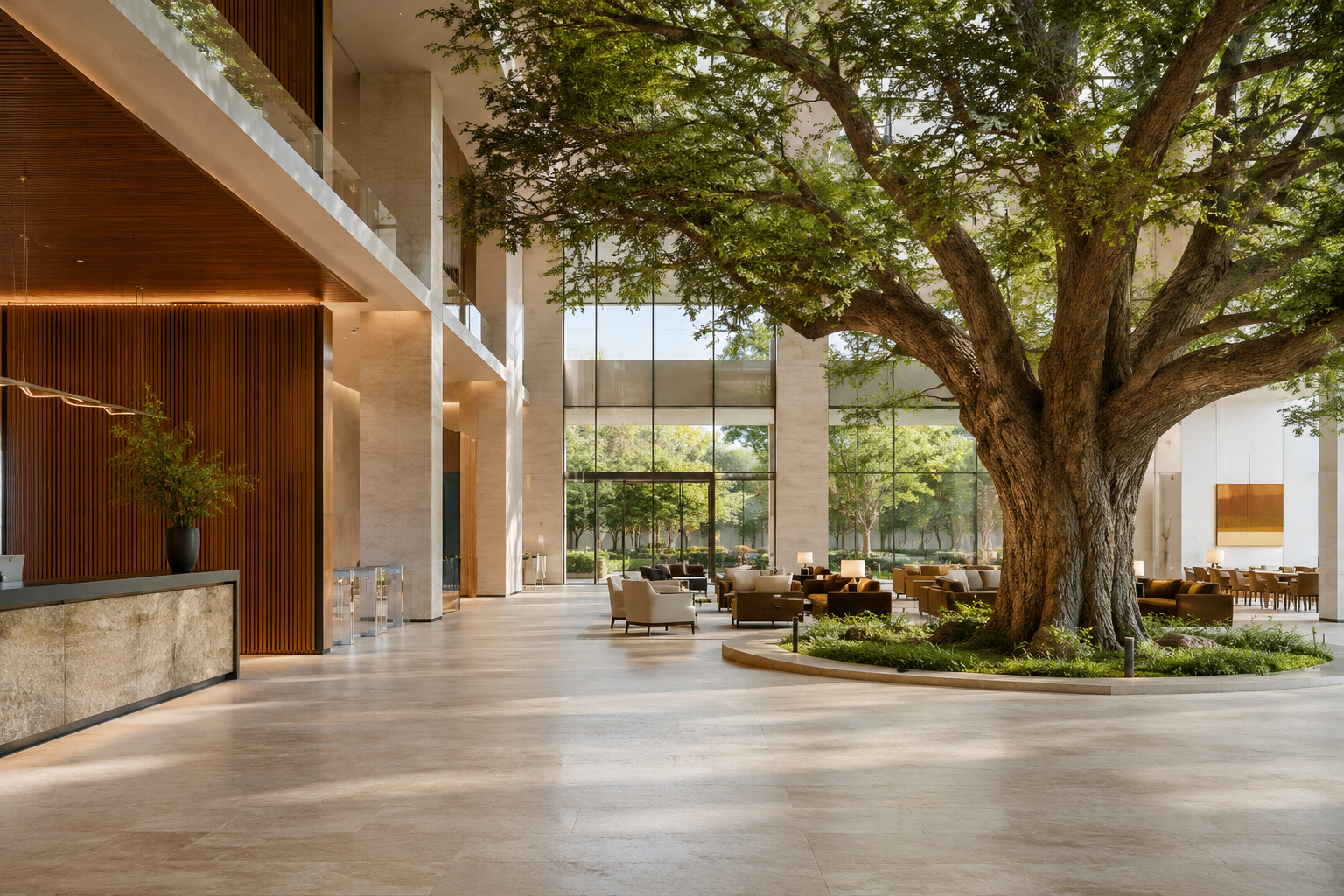 Luxury commercial lobby with indoor tree and open workspace